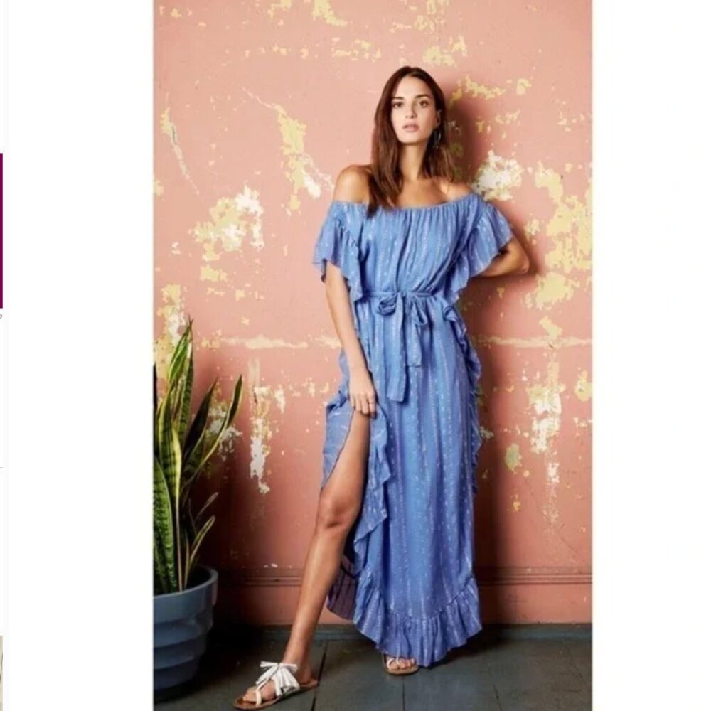 Saylor Avril Blue Ruffle Off Shoulder Maxi Dress Size XS